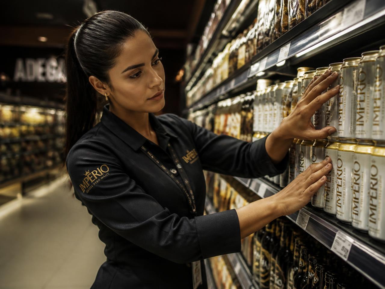 Promotora da Aprimore repondo produtos na gôndola de um supermercado