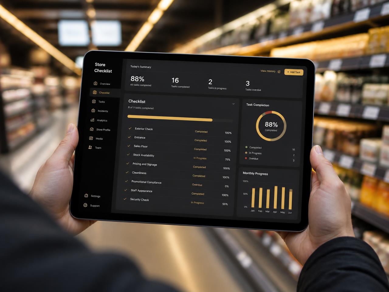 Promotor acompanhando checklist digital em tablet dentro do supermercado